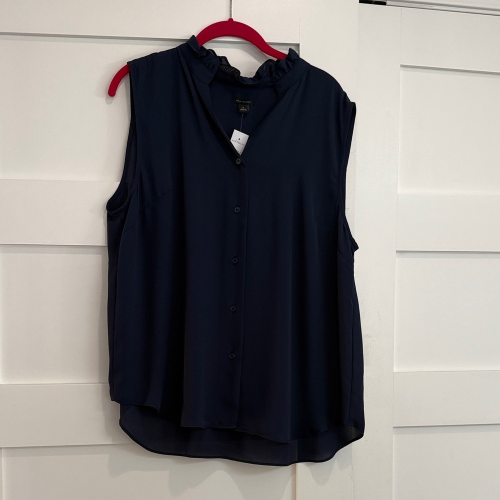 Ann Taylor Midnight Blue Ruffle Neck Blouse